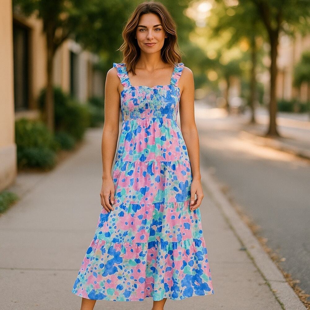 Mahi Gold The Fitz Dress Summer Jubilee in Shell pink blue floral smocked XS